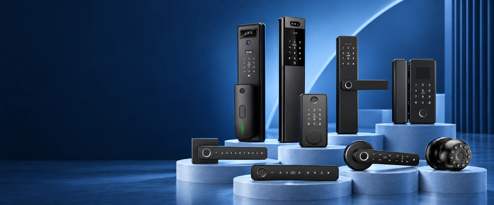 Nine smart lock formats, including wooden-door panel locks, handles, split locks, glass-door locks, a deadbolt, a knob and outdoor entrance locks