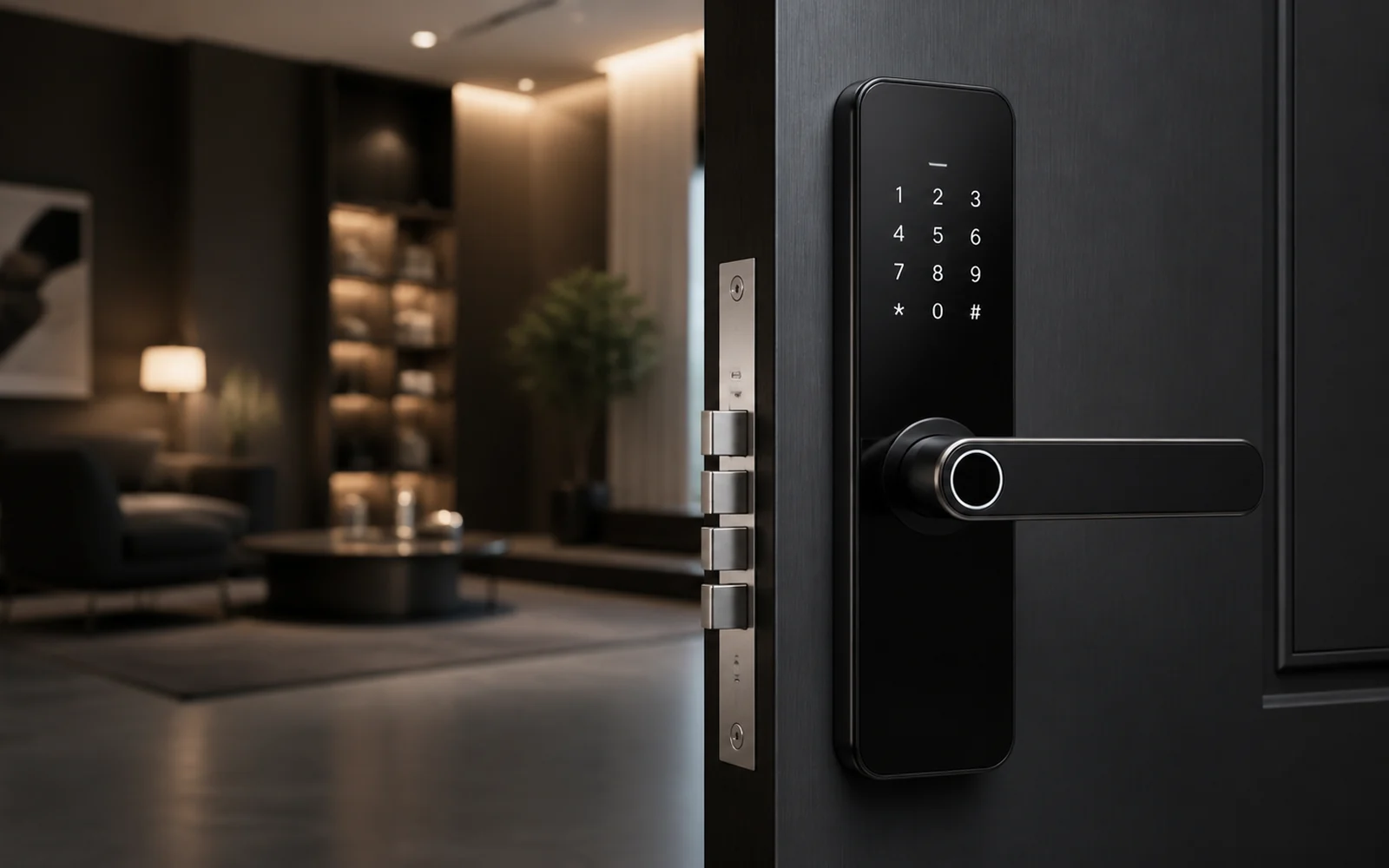 Smart lock installed on a premium dark door